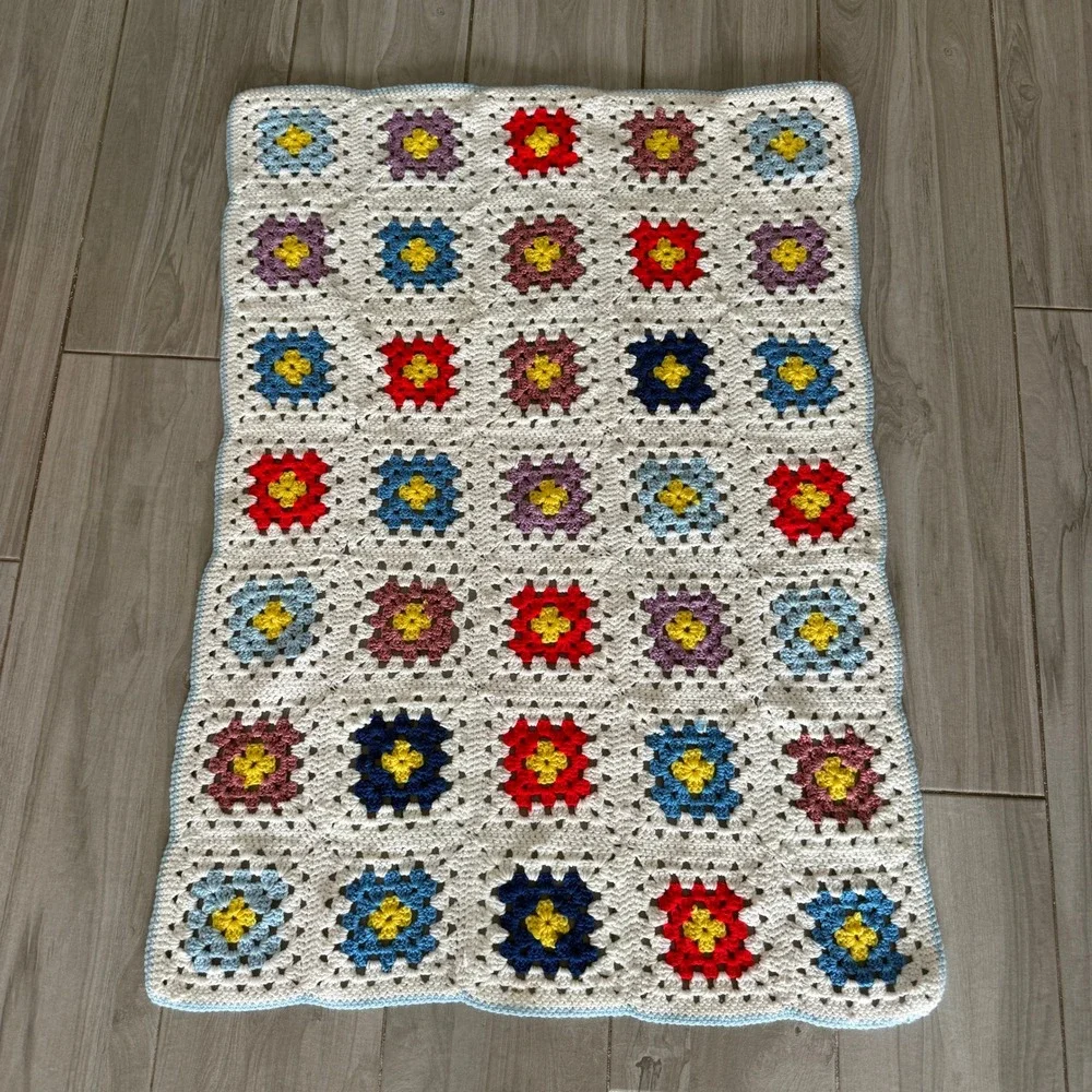 Handmade Crochet Granny Square Baby Blanket MultiColor White 24x36 Nursery Throw